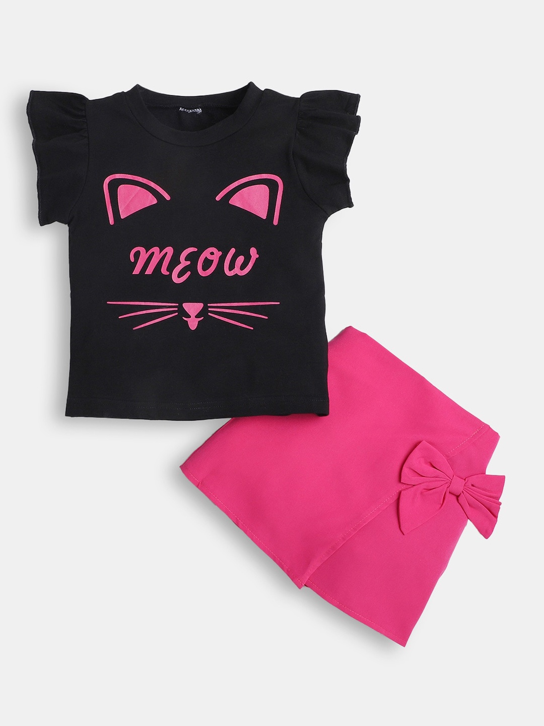 

Hopscotch Girls Black & Pink Printed Top with Skirt