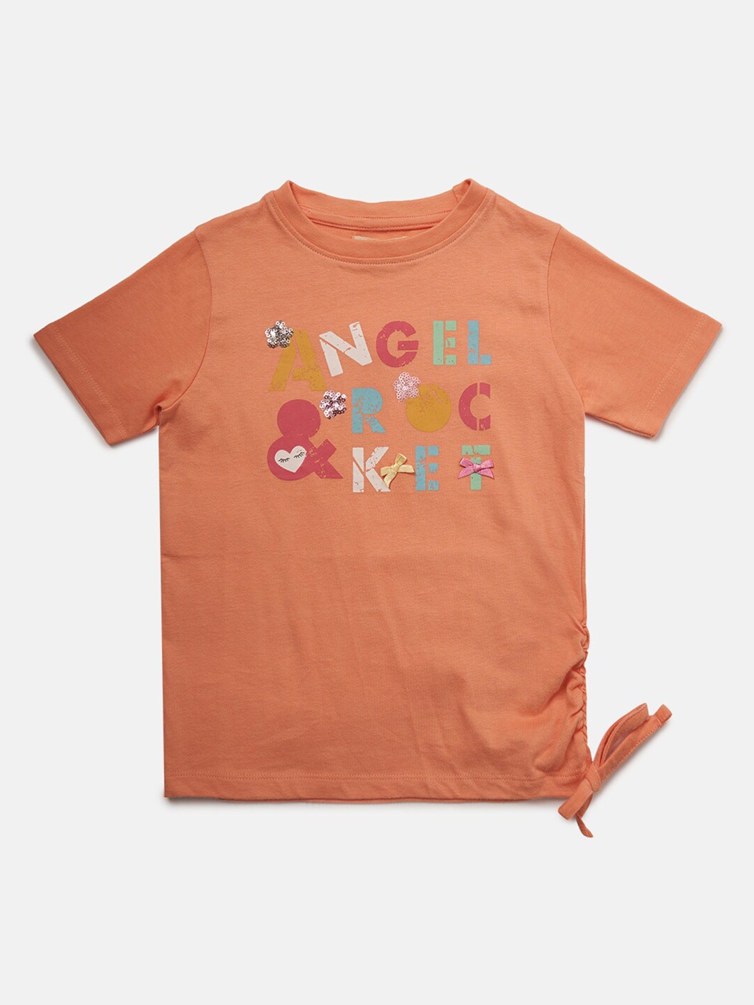 

Angel & Rocket Girls Coral Typography Printed Sequinned Embellished Cotton Ruched T-shirt