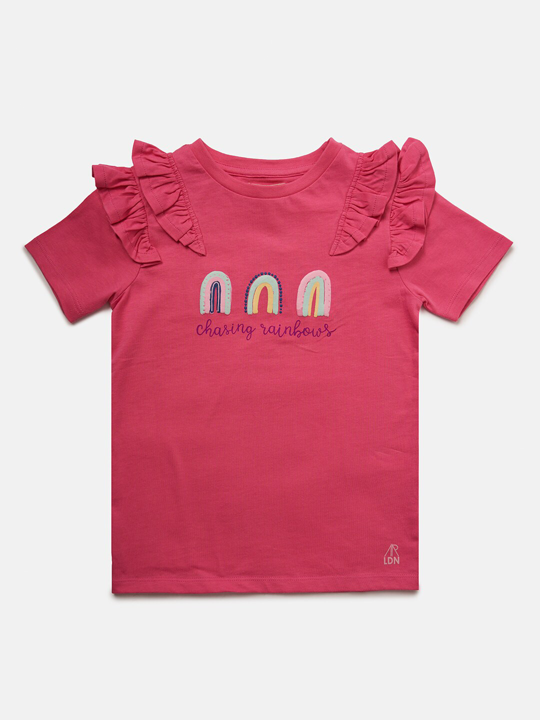 

Angel & Rocket Girls Pink Typography Printed Ruffled Sleeves T-shirt