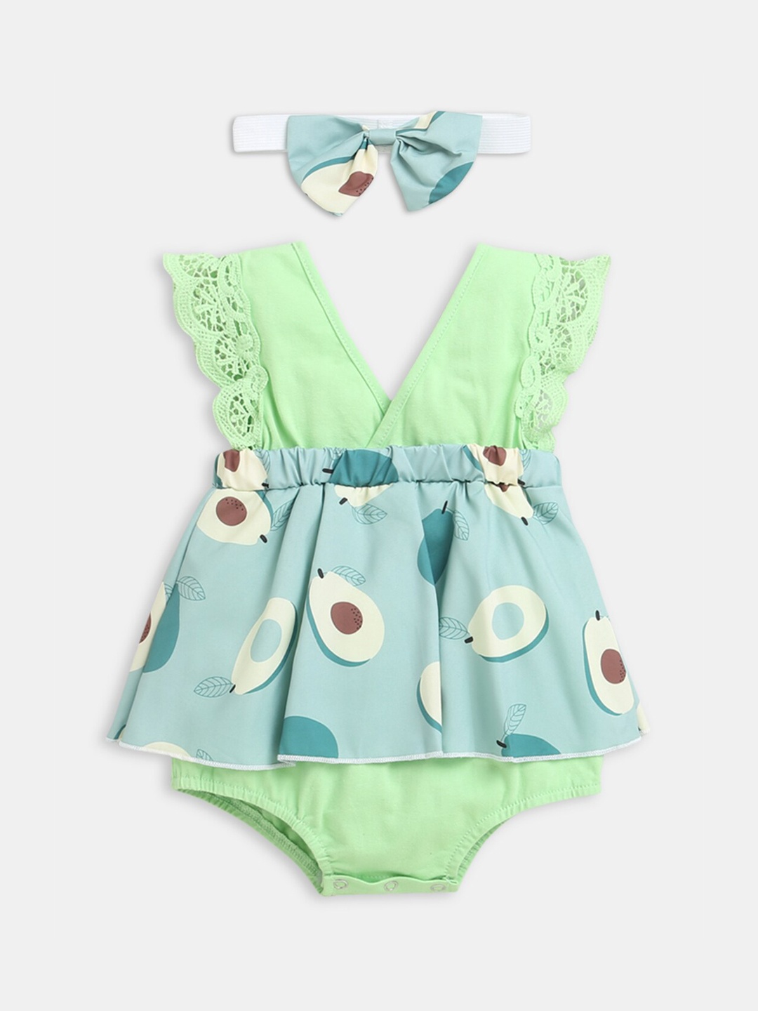 

Hopscotch Girls Green & Blue Printed Rompers With Headband
