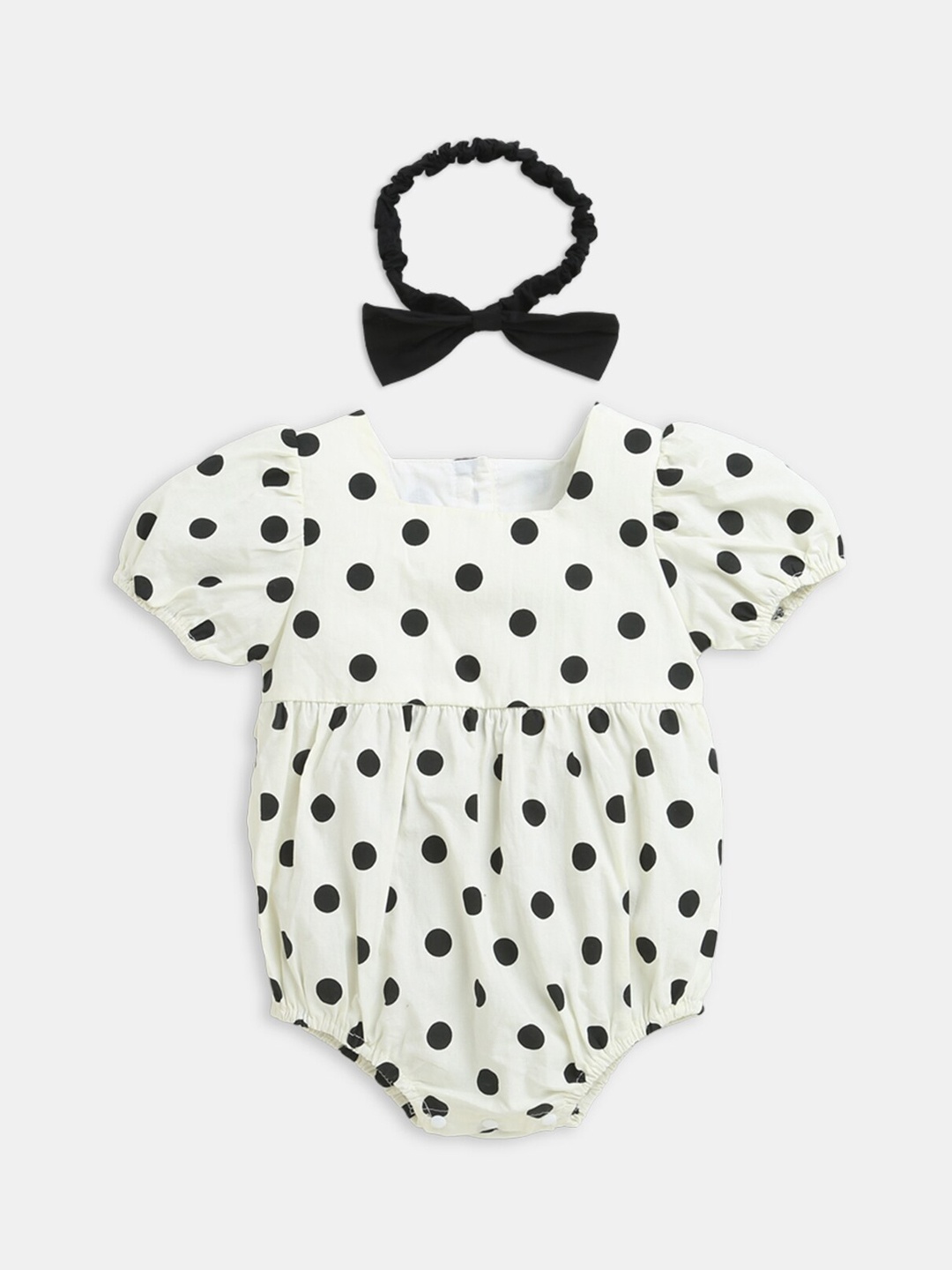 

Hopscotch Girls White & Black Polka Dot Print Bodysuit With Headband