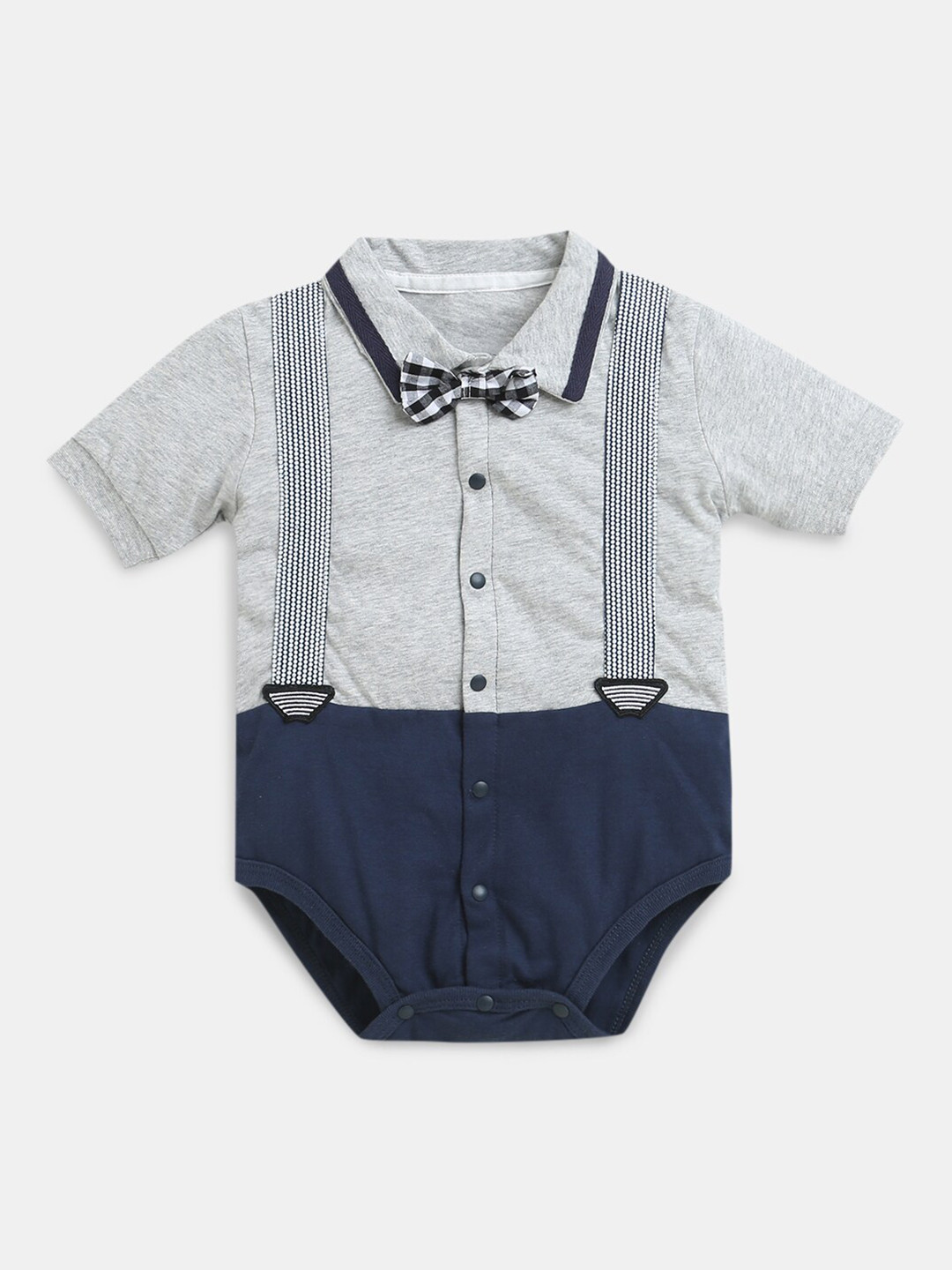 

Hopscotch Infants Boys Grey & Blue Colorblocked Pure Cotton Romper