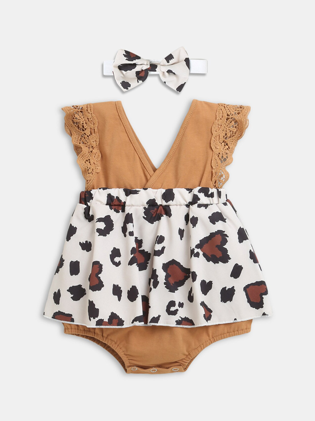 

Hopscotch Girls Brown & White Animal Printed Rompers With Headband