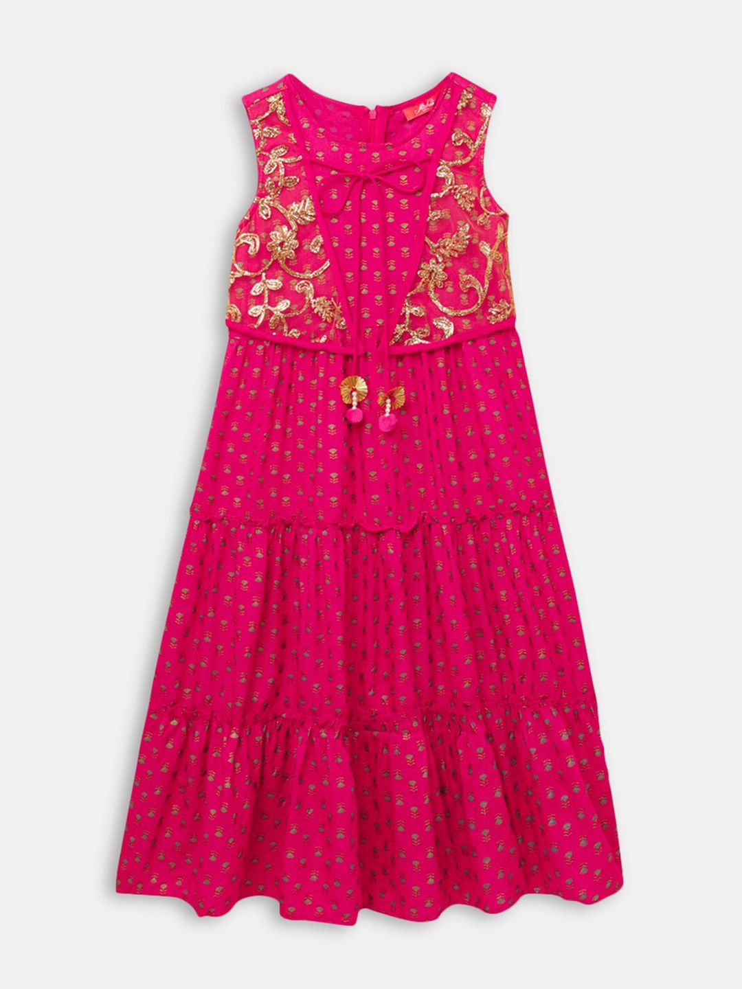 

Hopscotch Purple Floral Ethnic Cotton A-Line Dress