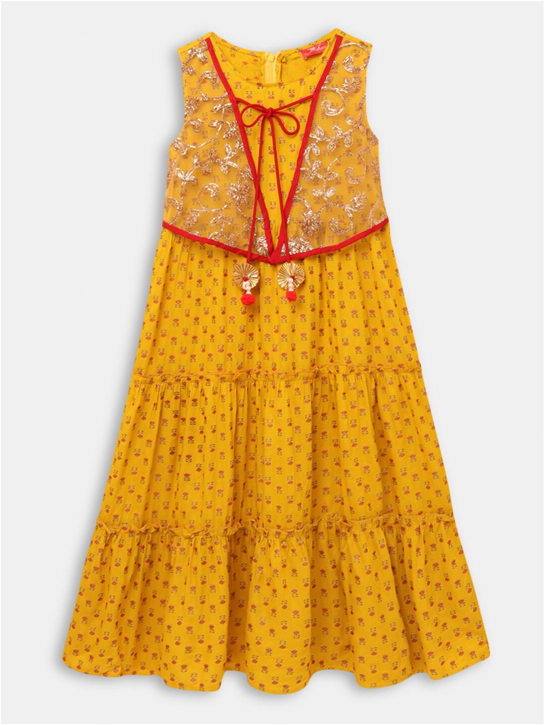 

Hopscotch Yellow Floral Ethnic A-Line Cotton Dress