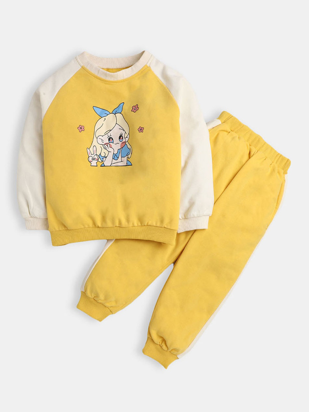 

Hopscotch Girls Yellow & Cream-Coloured Printed T-shirt with Trousers