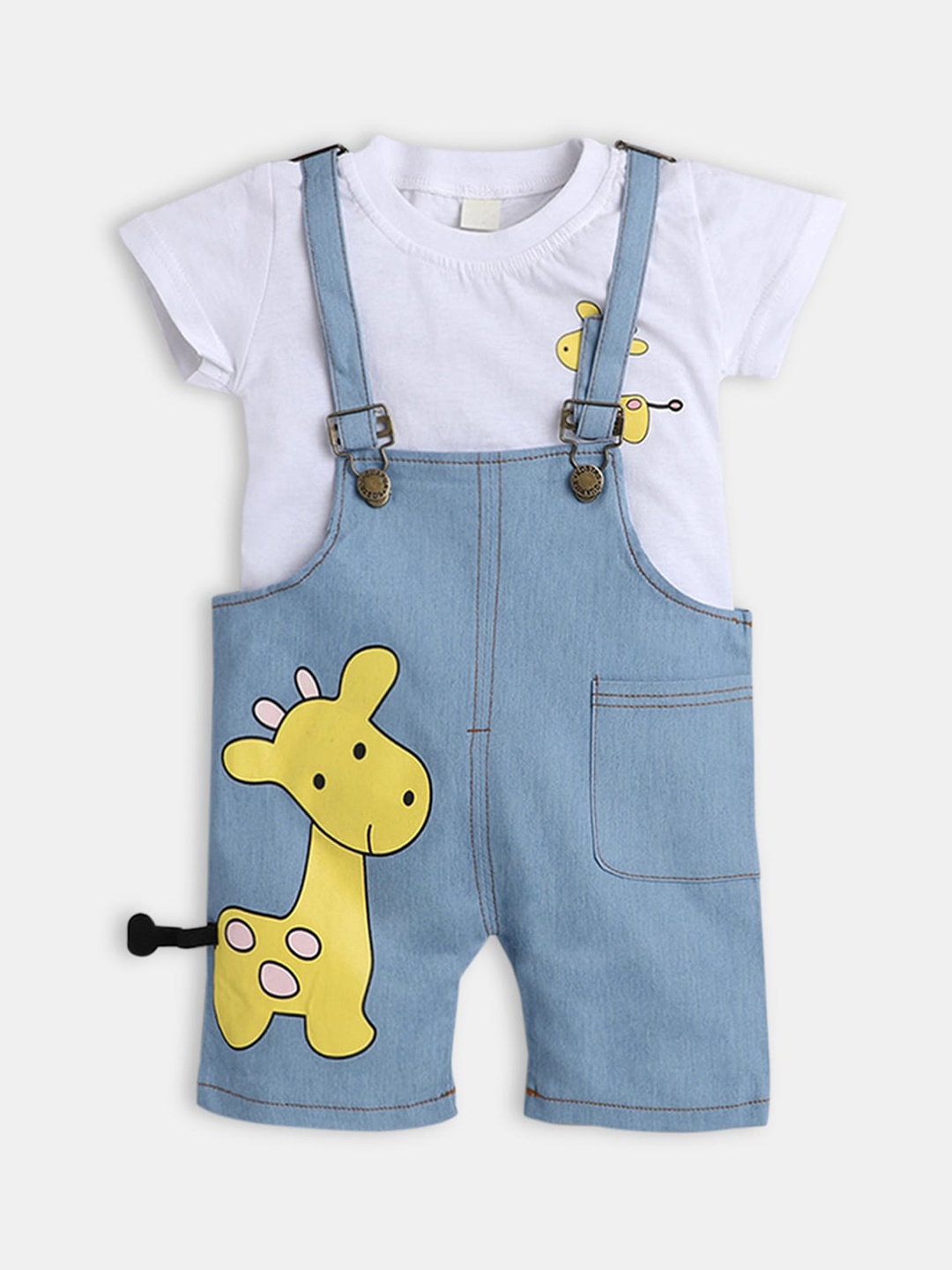 

Hopscotch Boys Blue & Yellow Printed T-shirt & Shorts With Dungarees