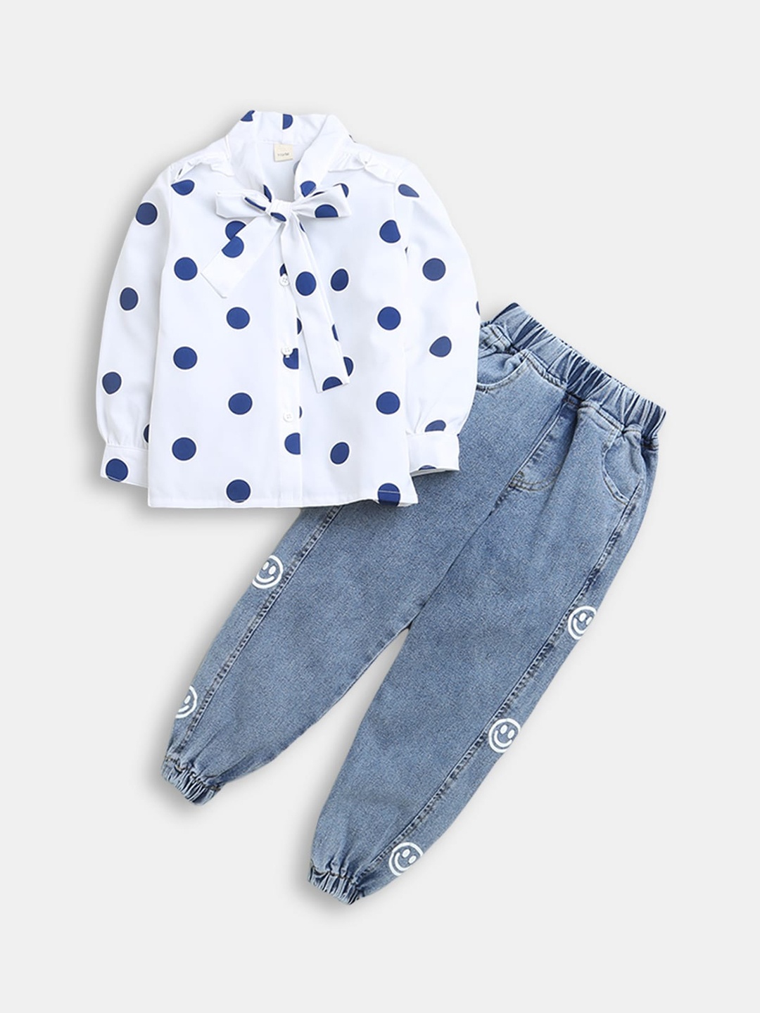 

Hopscotch Girls White & Blue Printed Pure Cotton Shirt with Trousers