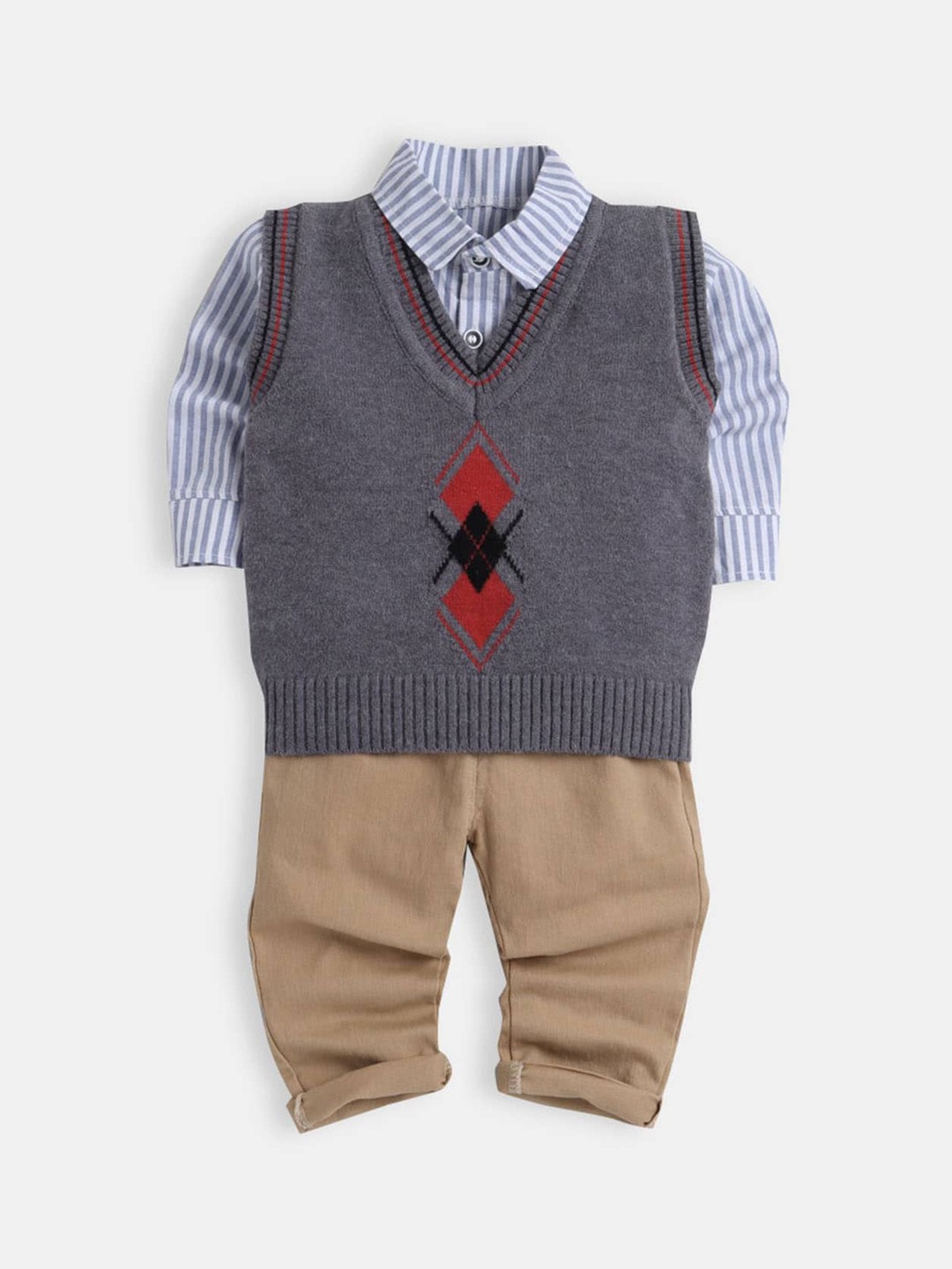 

Hopscotch Boys Grey & Beige Printed Shirt & Trousers With Sweatshirt