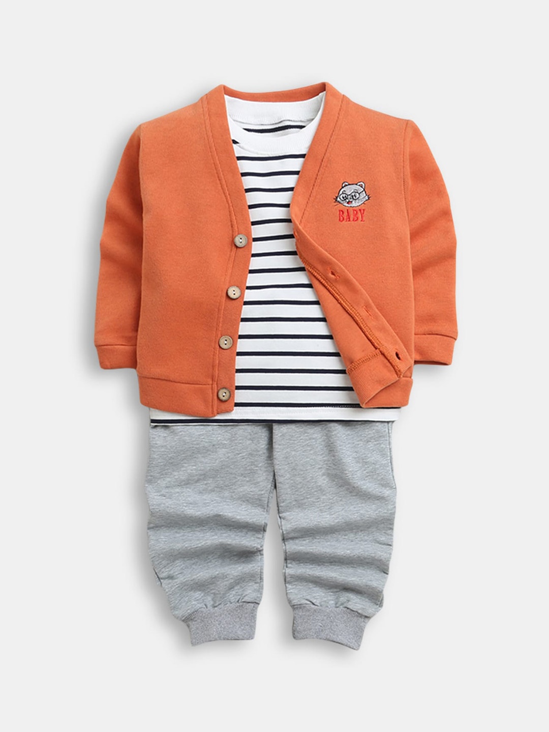 

Hopscotch Boys Orange & White Striped T-shirt & Trousers With Sweatshirt