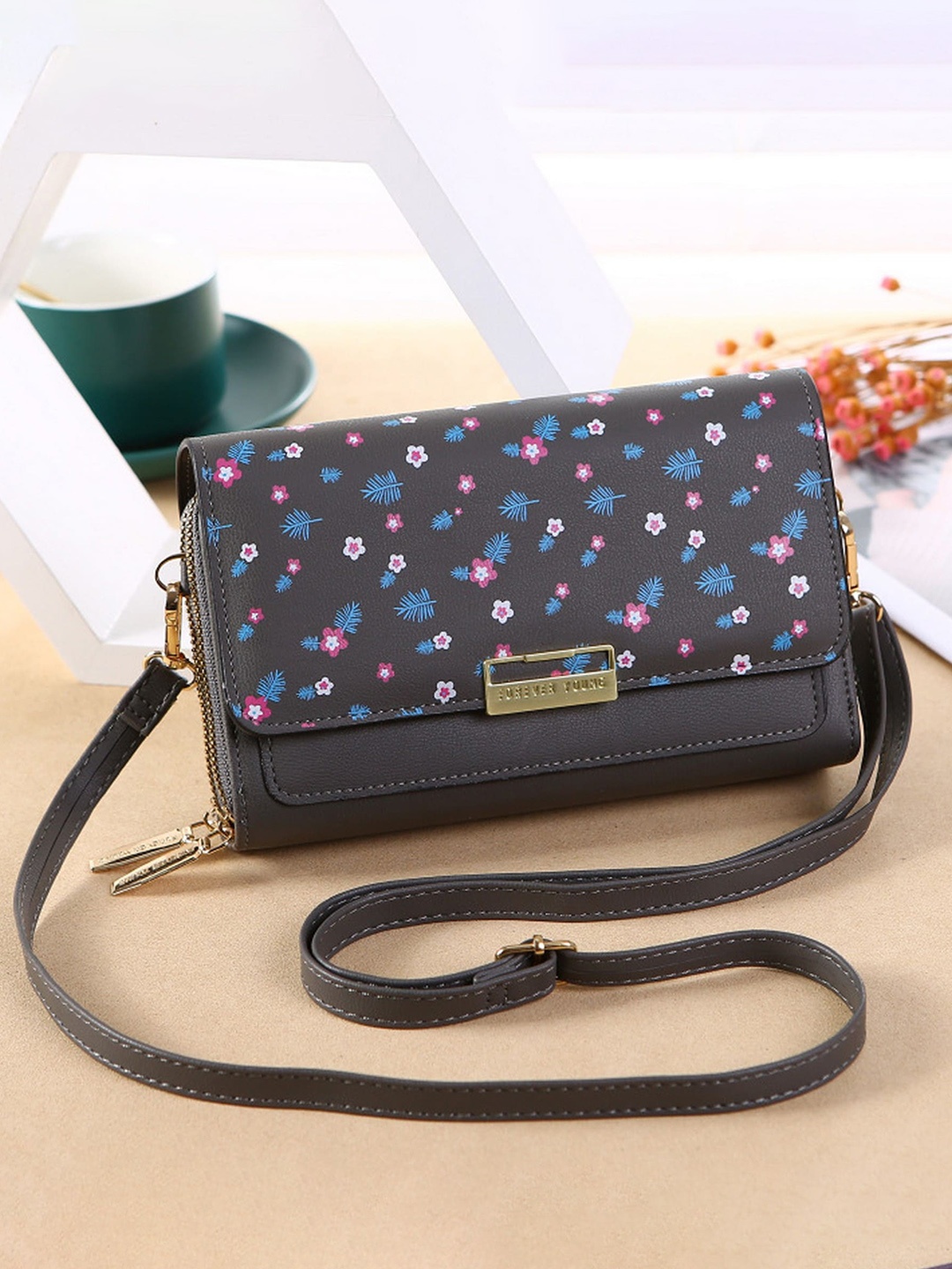 

Diva Dale Grey Floral Printed PU Structured Sling Bag