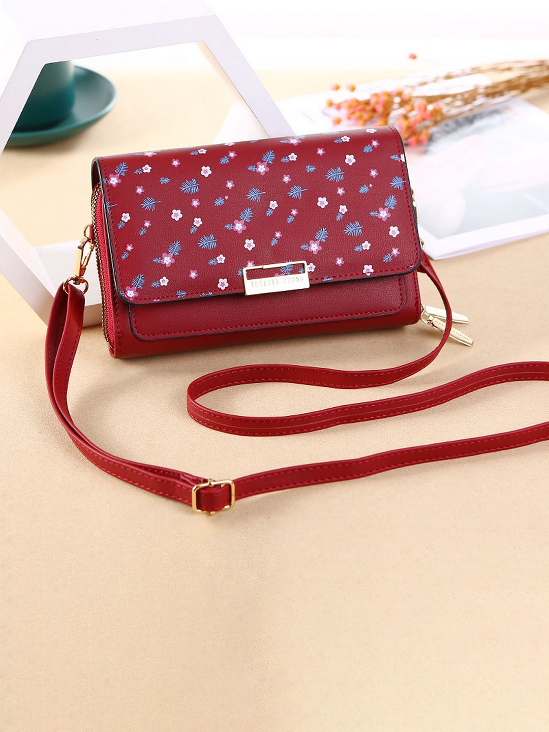 

Diva Dale Maroon Floral Printed PU Structured Sling Bag