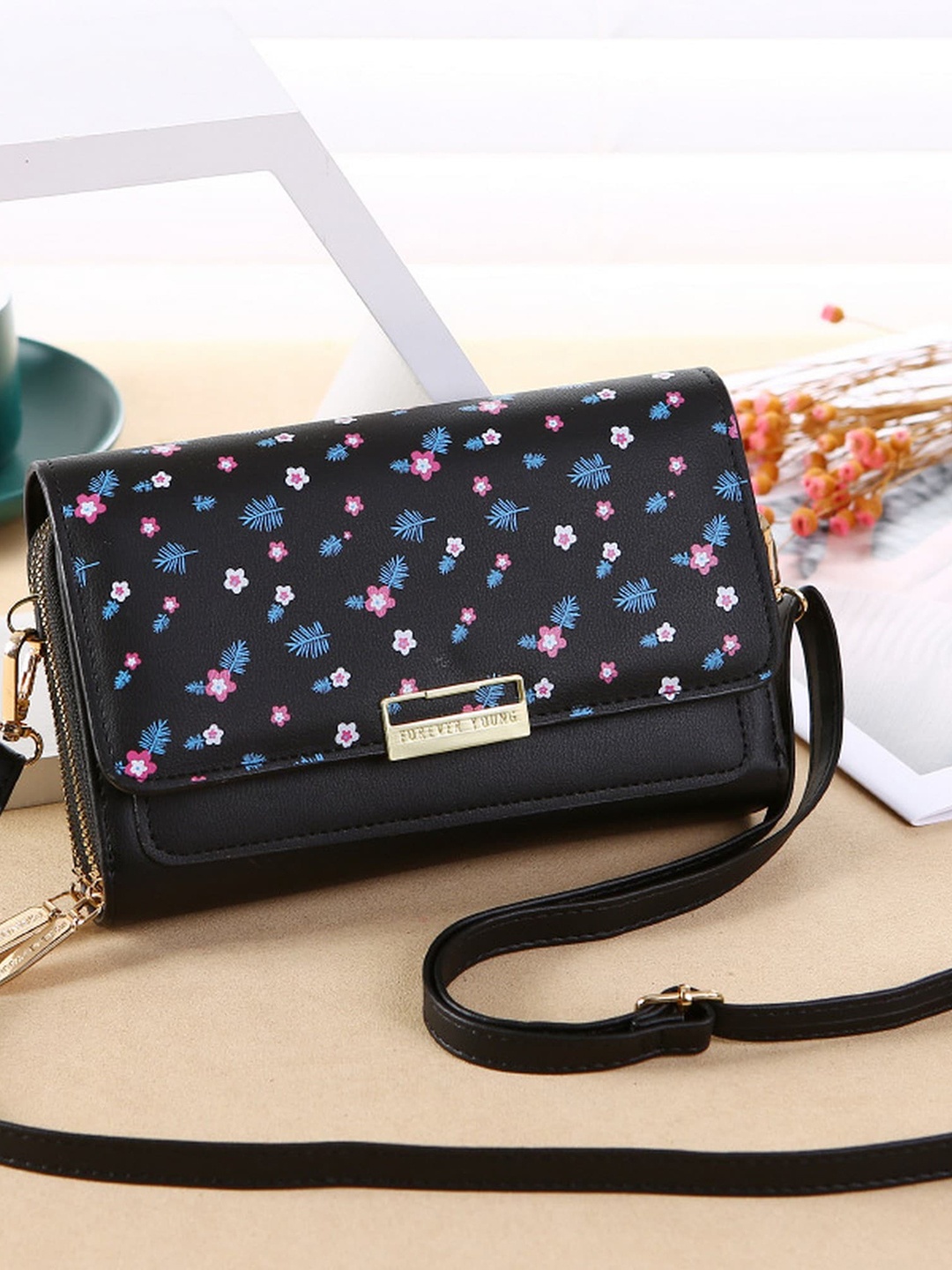 

Diva Dale Black Floral PU Structured Sling Bag with Fringed