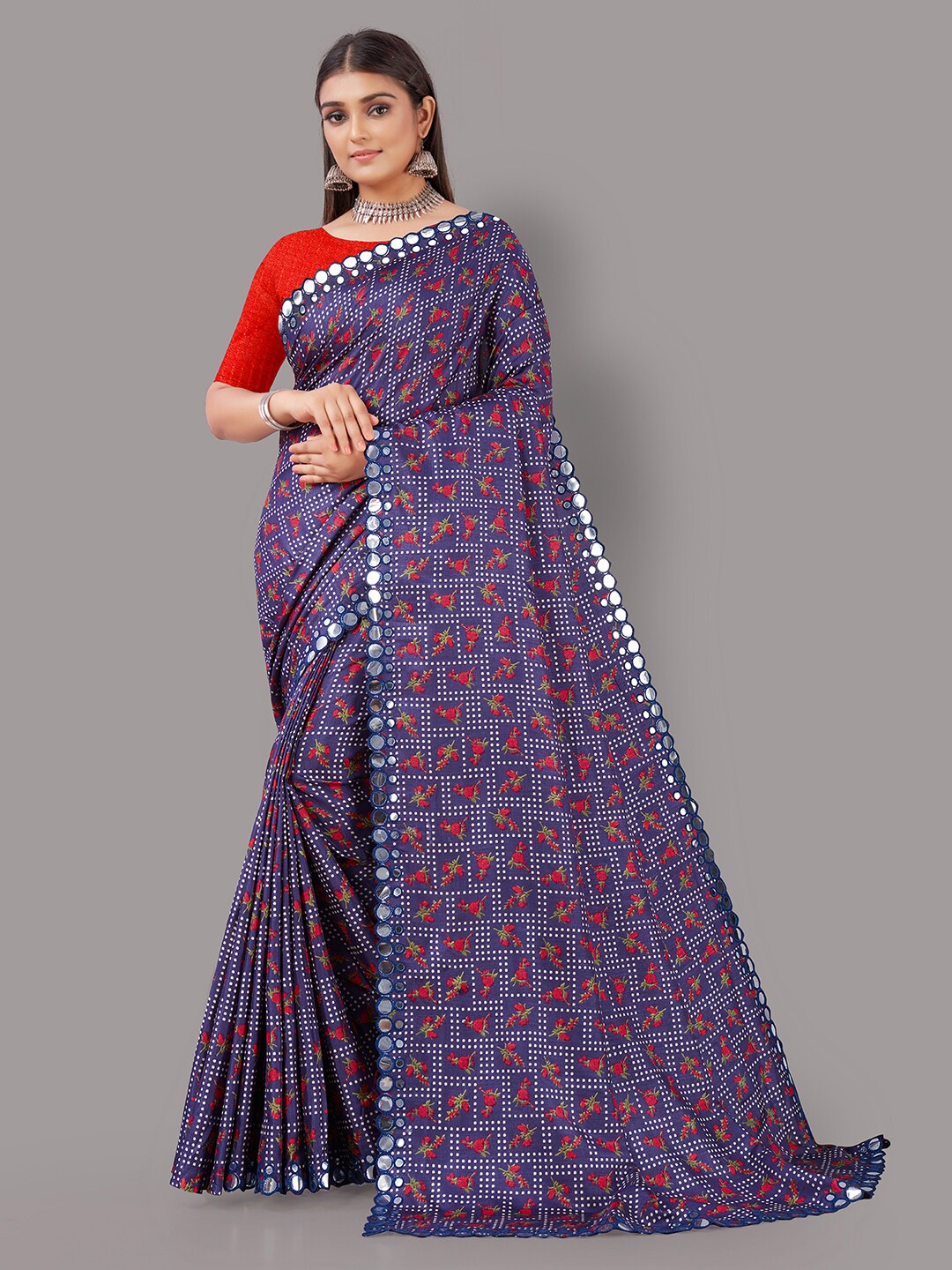 

HRITIKA Blue & Red Floral Mirror Work Mysore Silk Saree