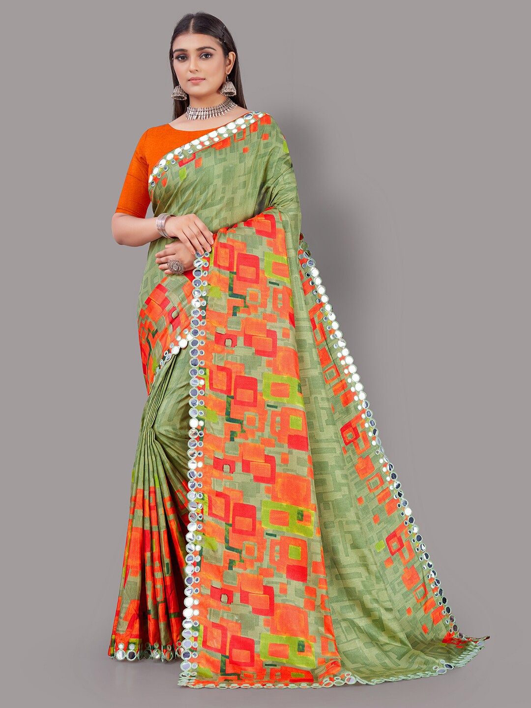 

HRITIKA Green & Orange Printed Mirror Work Saree