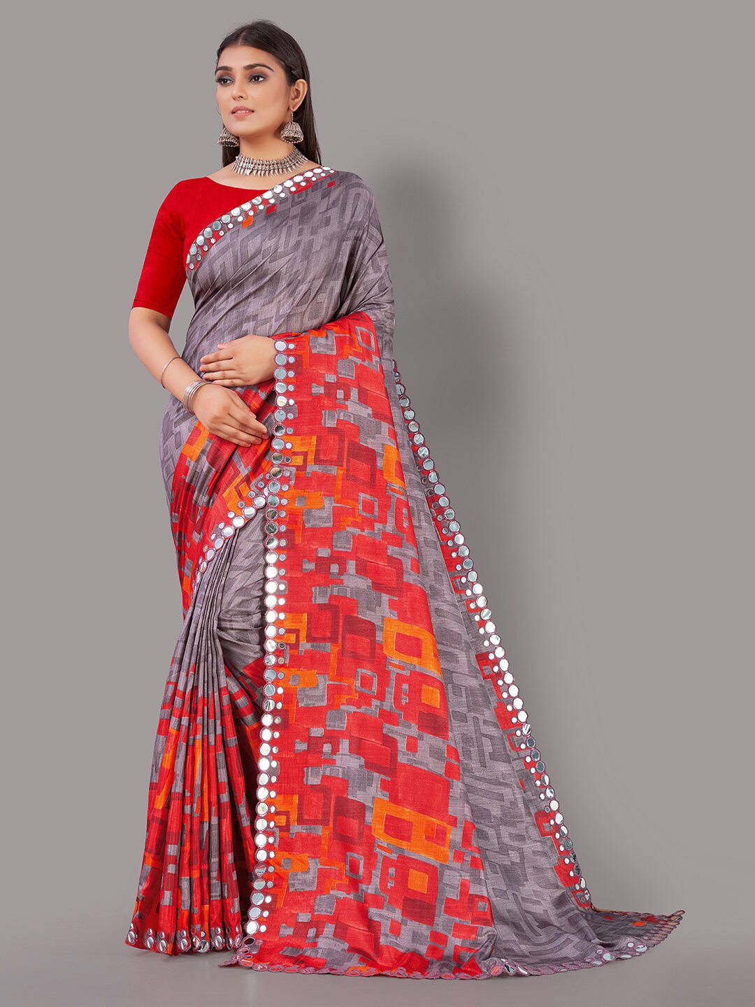 

HRITIKA Violet & Red Printed Mirror Work Saree