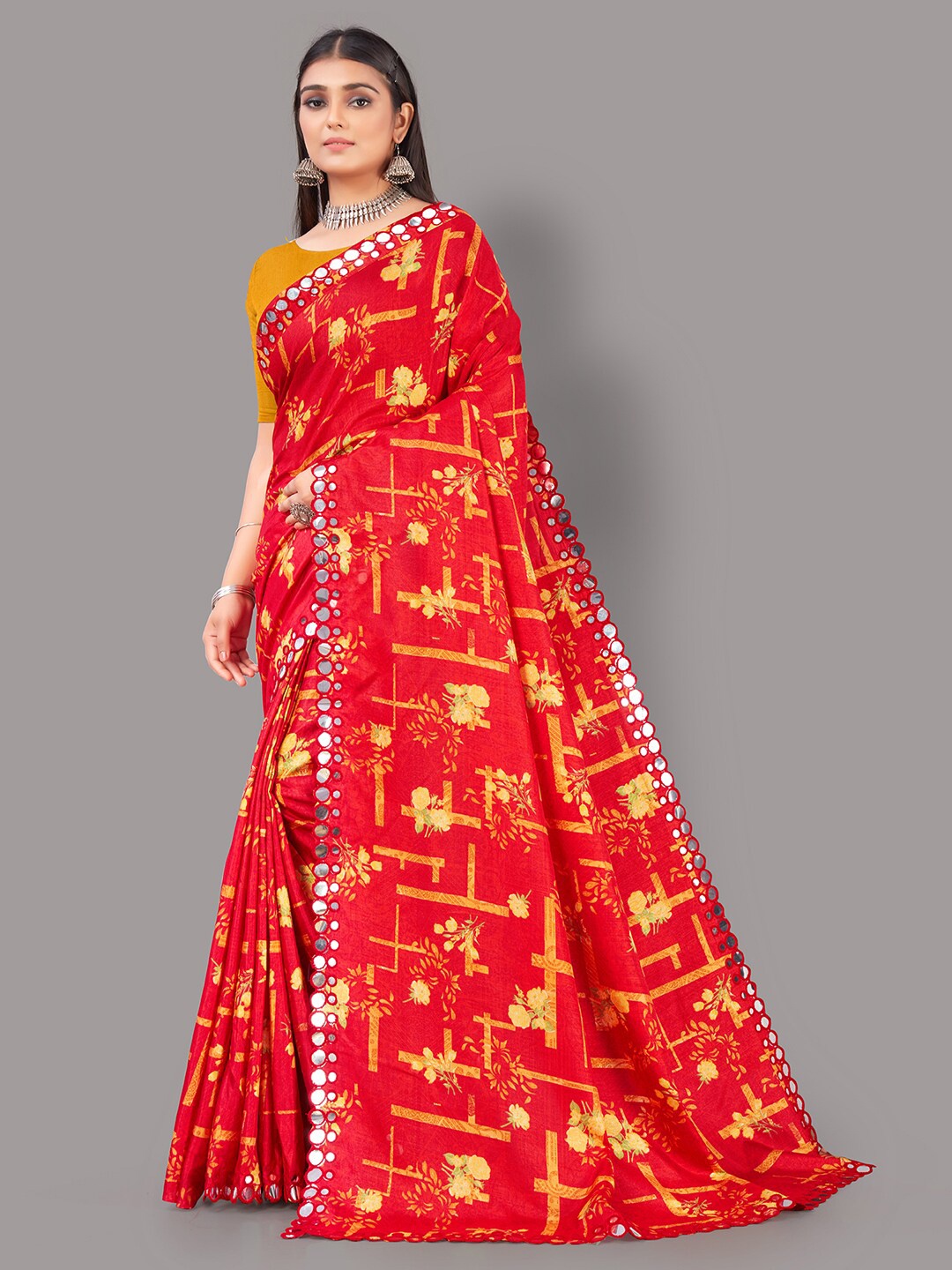 

HRITIKA Red & Mustard Floral Mirror Work Mysore Silk Saree