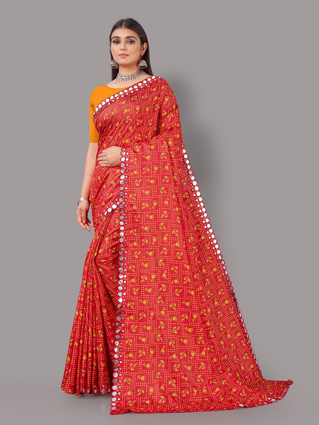 

HRITIKA Red & Yellow Floral Mirror Work Saree