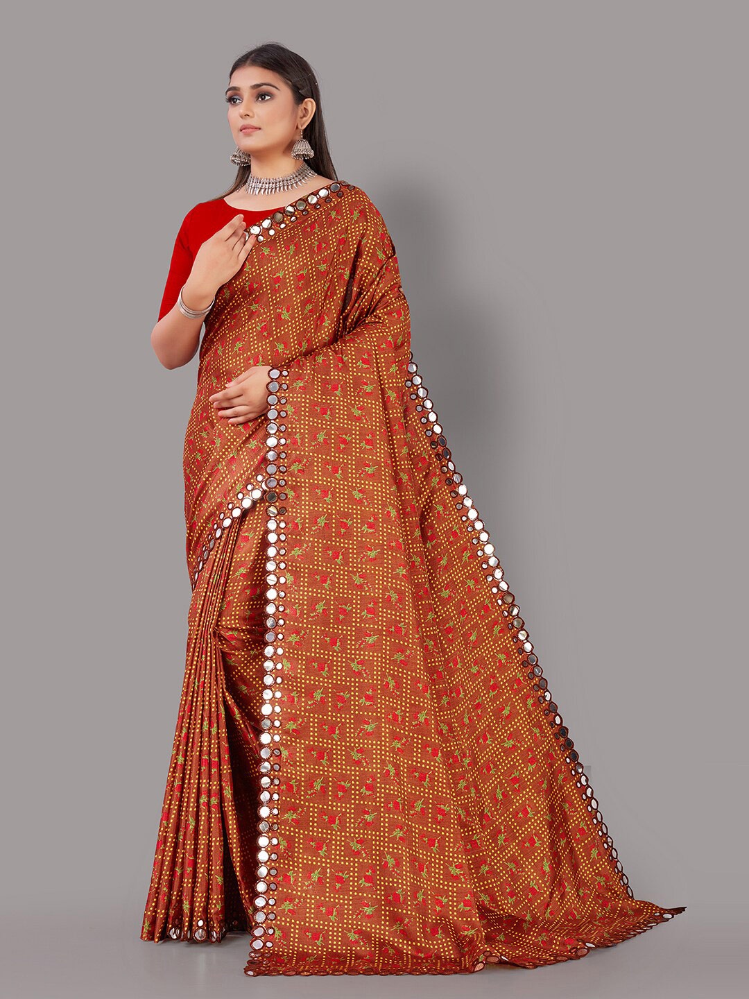 

HRITIKA Brown & Yellow Floral Mirror Work Mysore Silk Saree