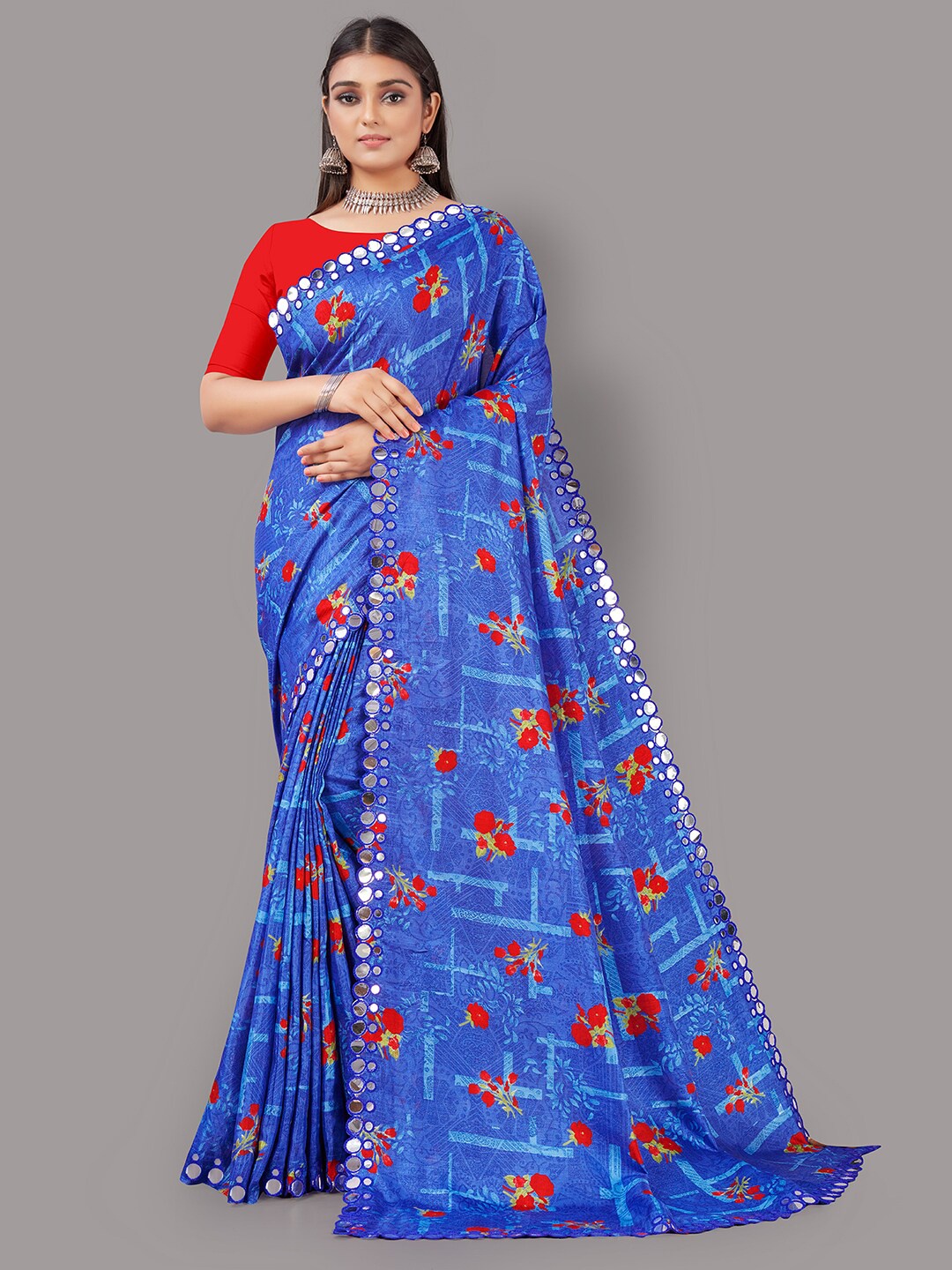 

HRITIKA Blue & Red Floral Mirror Work Mysore Silk Saree