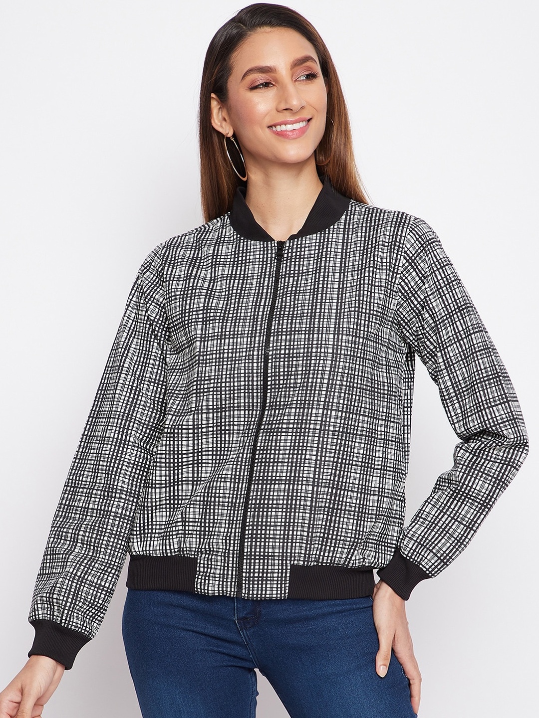 

sandy AND ritz Women Black Checked Lightweight Bomber Jacket