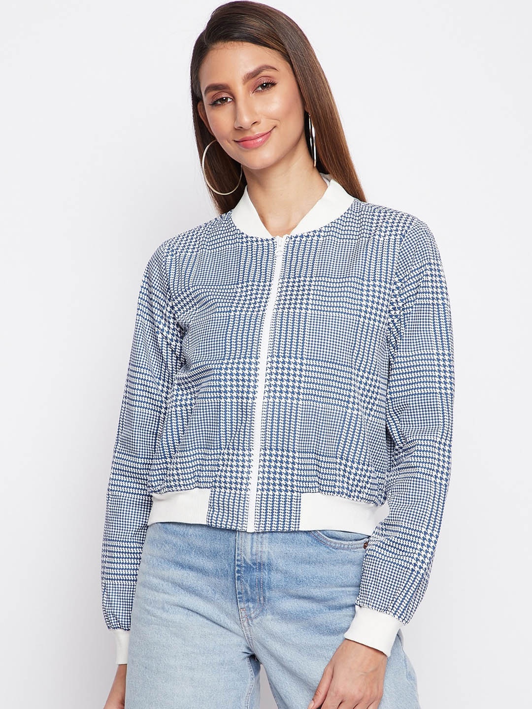 

sandy AND ritz Women Blue Checked Lightweight Crop Bomber Jacket