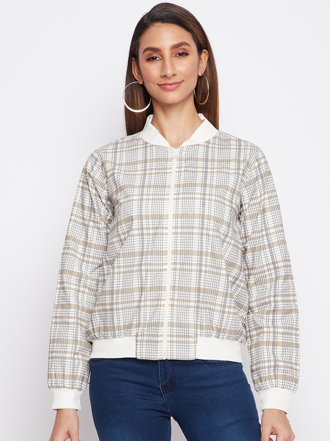 

sandy AND ritz Women Grey Checked Lightweight Bomber Jacket