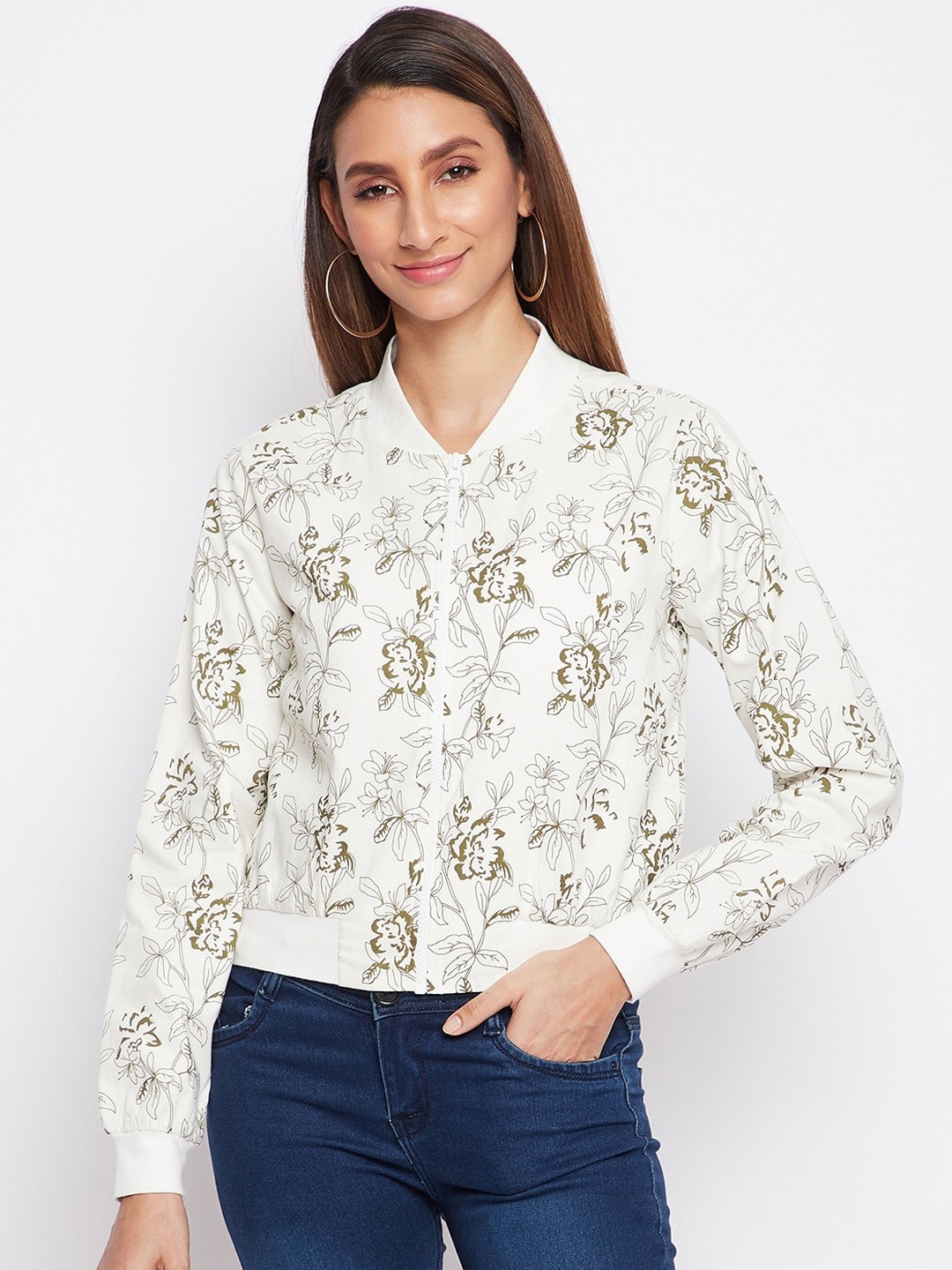 

sandy AND ritz Women White Green Floral Lightweight Crop Bomber Jacket