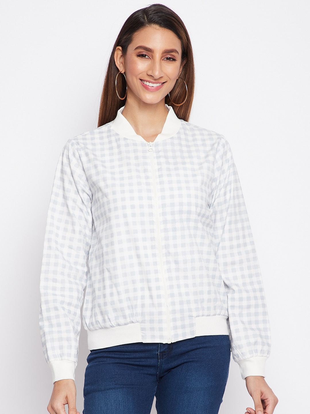 

sandy AND ritz Women White Grey Checked Lightweight Bomber Jacket