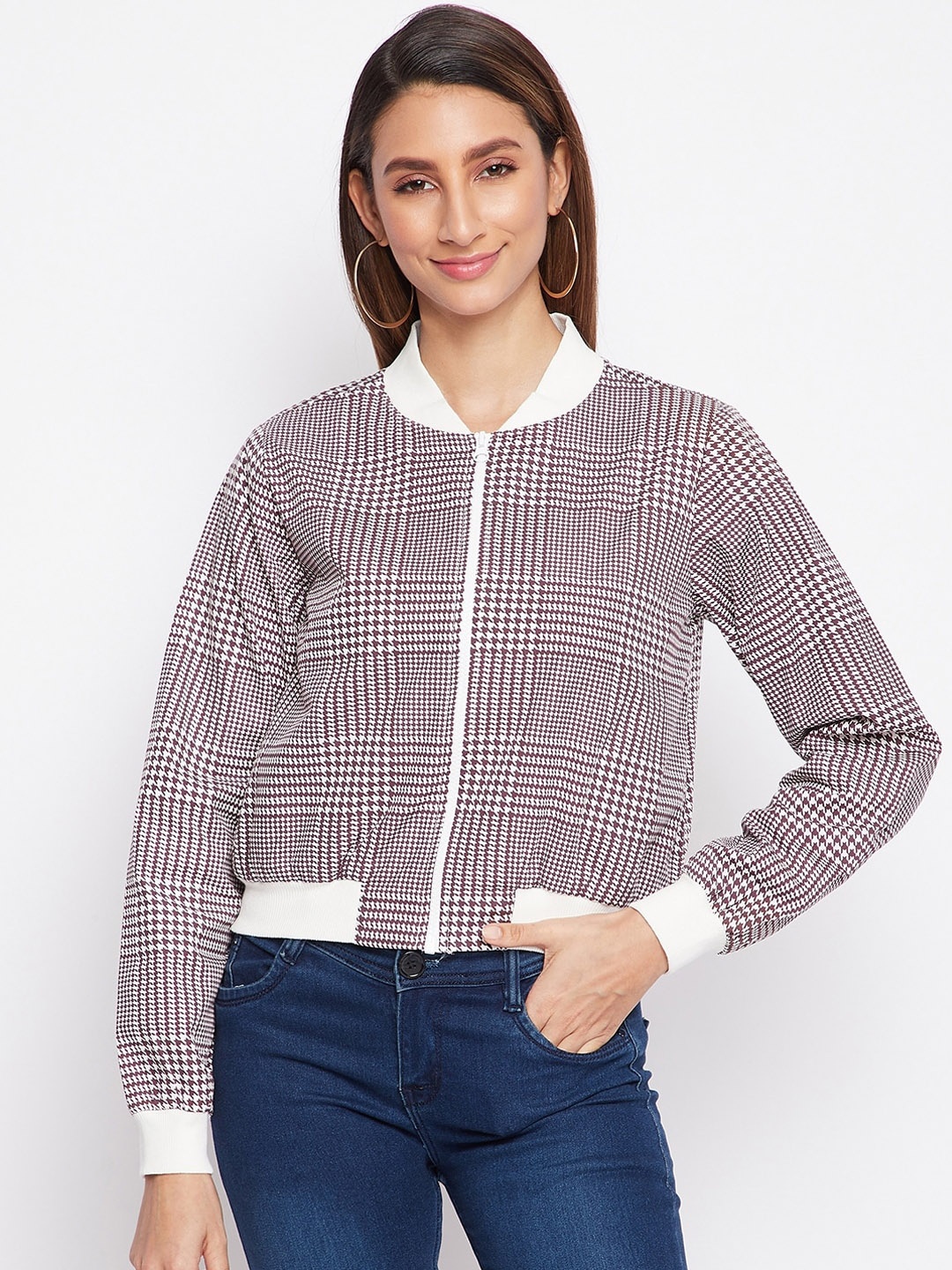 

sandy AND ritz Women Brown Checked Lightweight Crop Bomber Jacket
