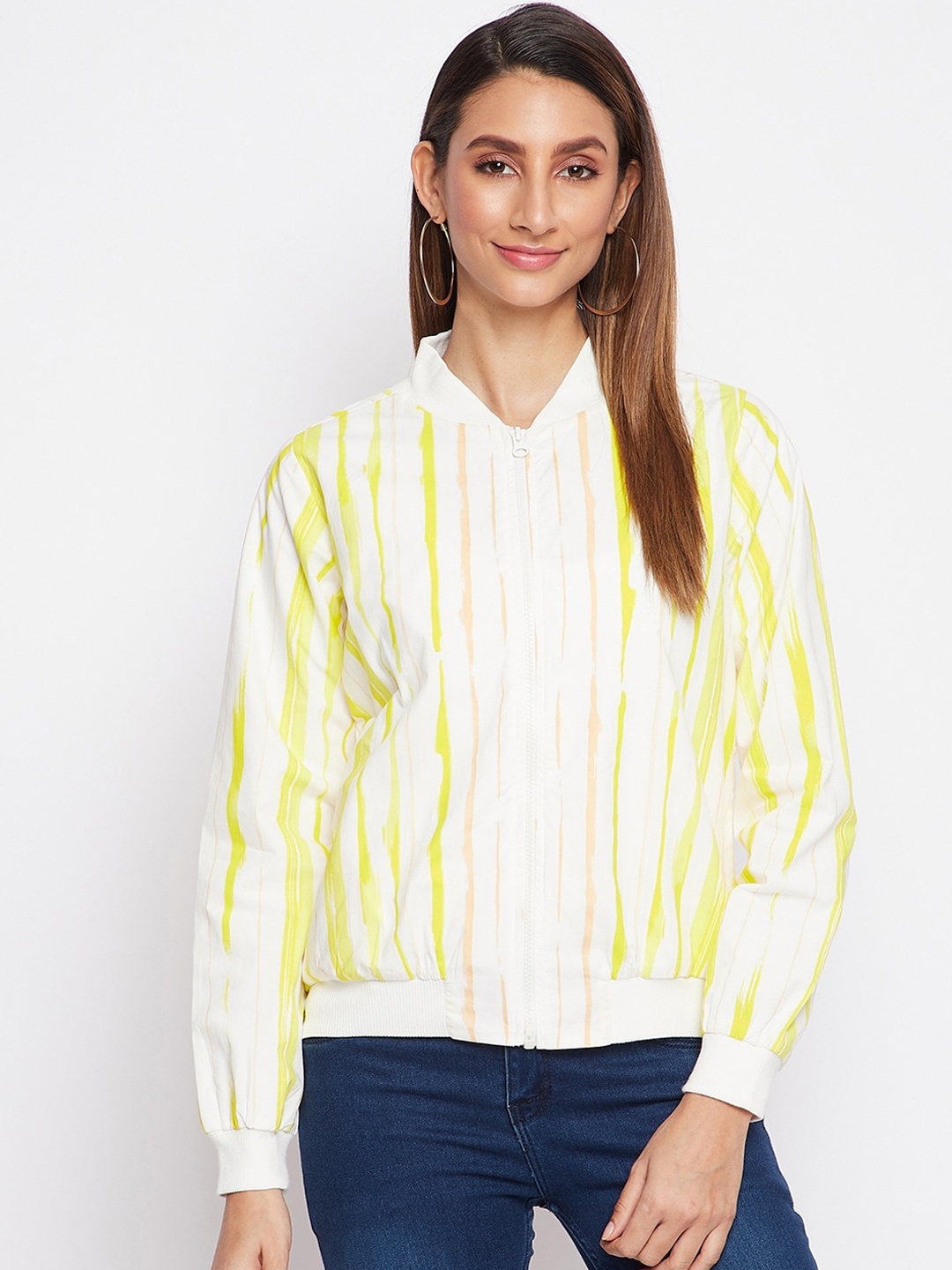 

sandy AND ritz Women Yellow White Striped Lightweight Bomber Jacket