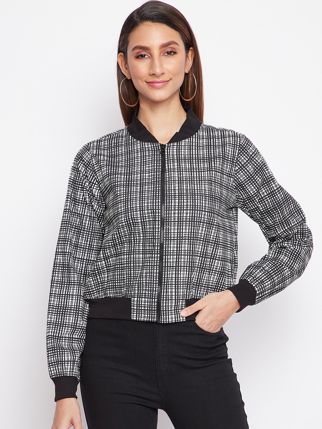

sandy AND ritz Women Black White Checked Lightweight Bomber Jacket