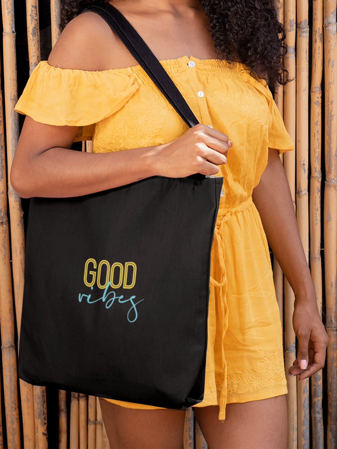 

Doodle Printed Good Vibes - Vibrant Structured Handheld Bag with Cut Work, Black