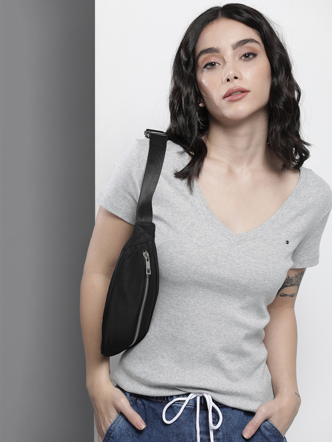 

Tommy Hilfiger Women Grey Melange V-Neck Pure Cotton T-shirt