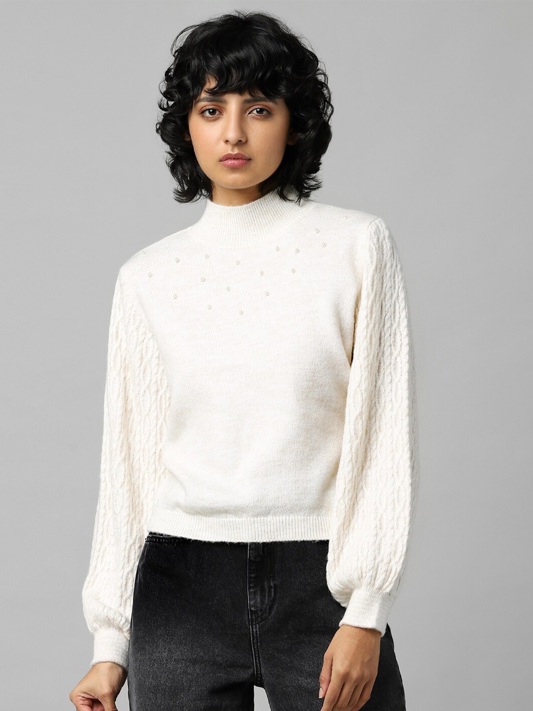 

ONLY Women Off White JDYKERA L S CABLE SLEEV Pullover with Embellished Detail