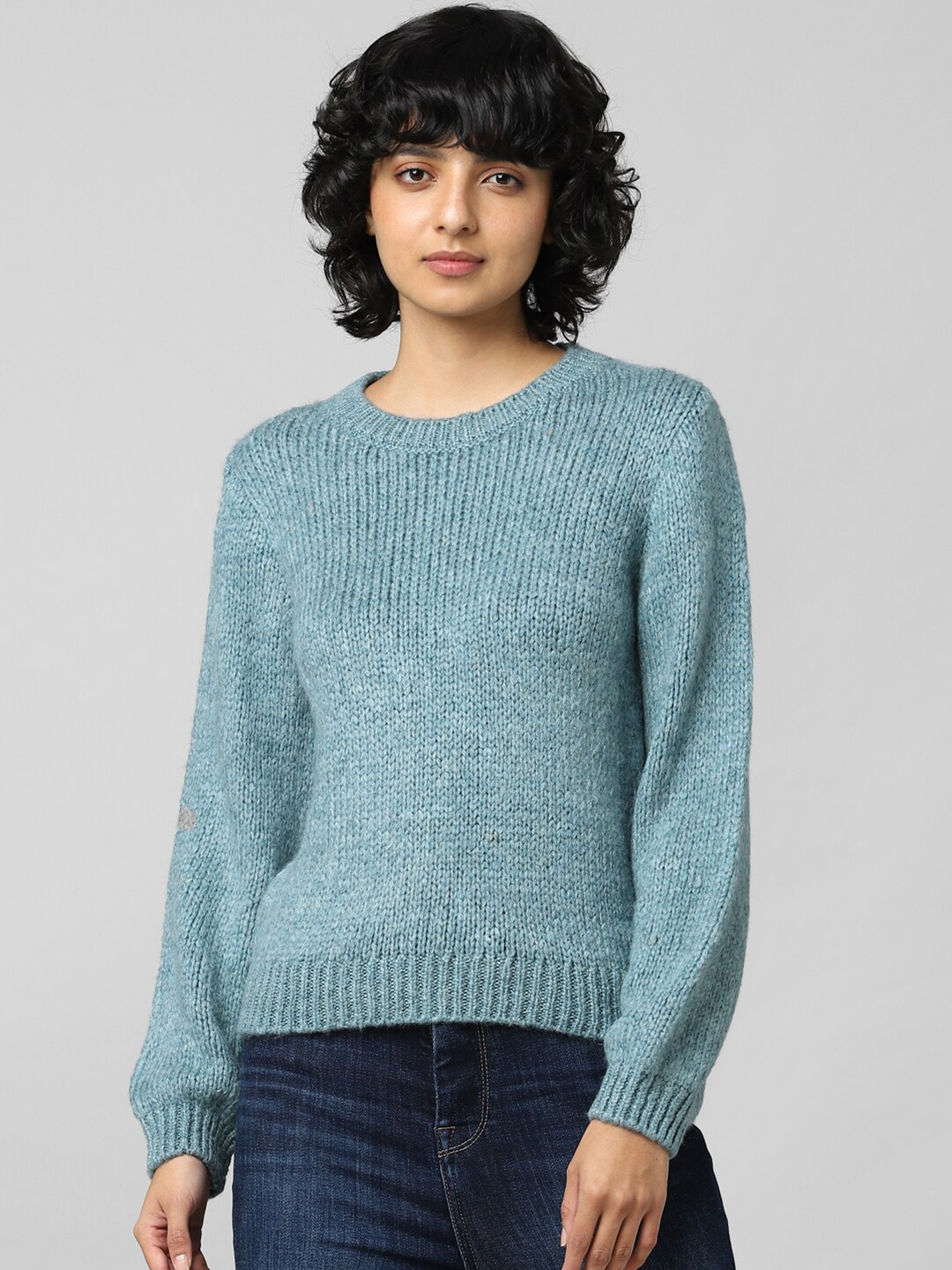

ONLY Women Blue Ribbed Pullover