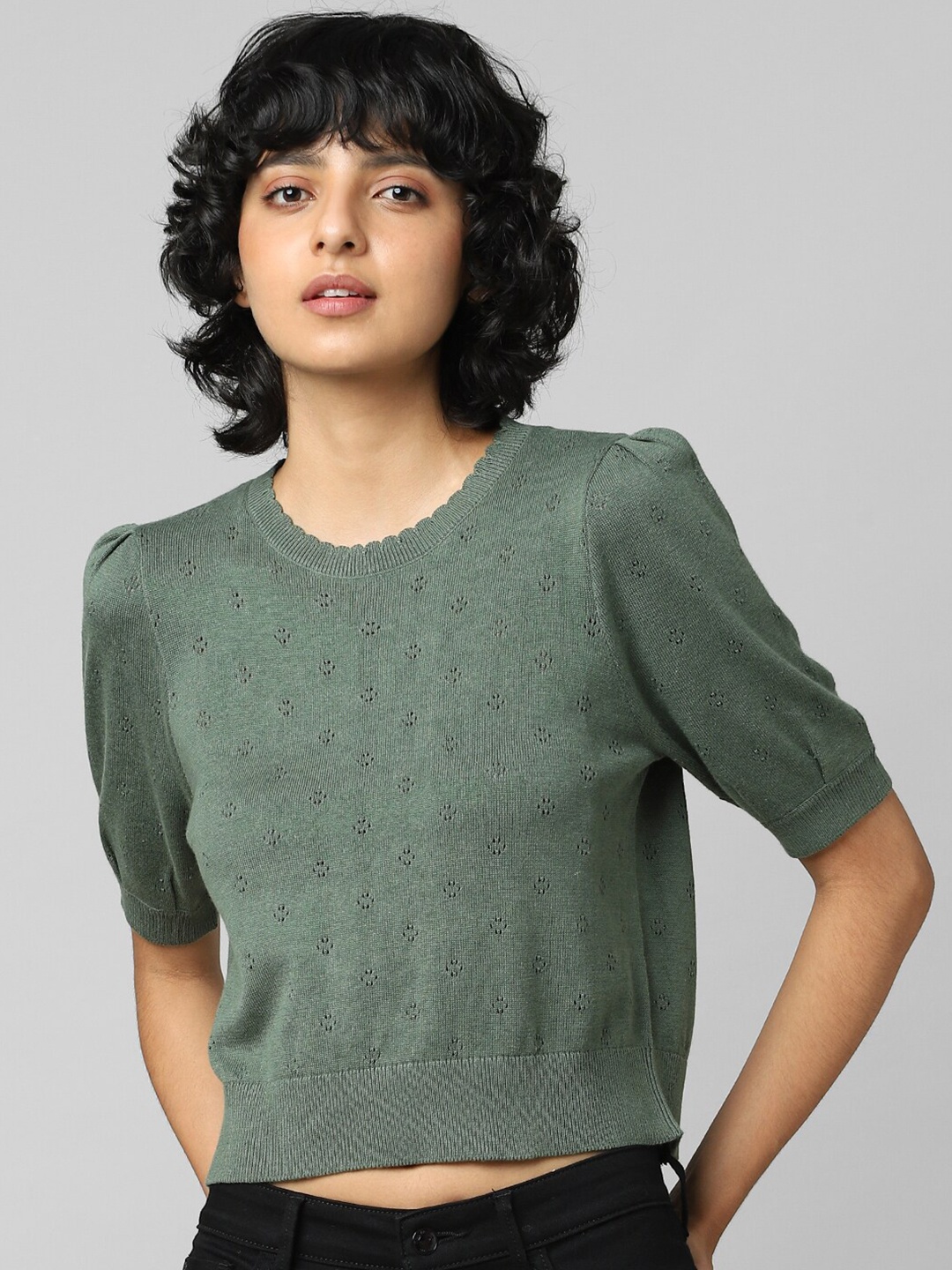 

ONLY Women Green Cable Knit Crop Pullover