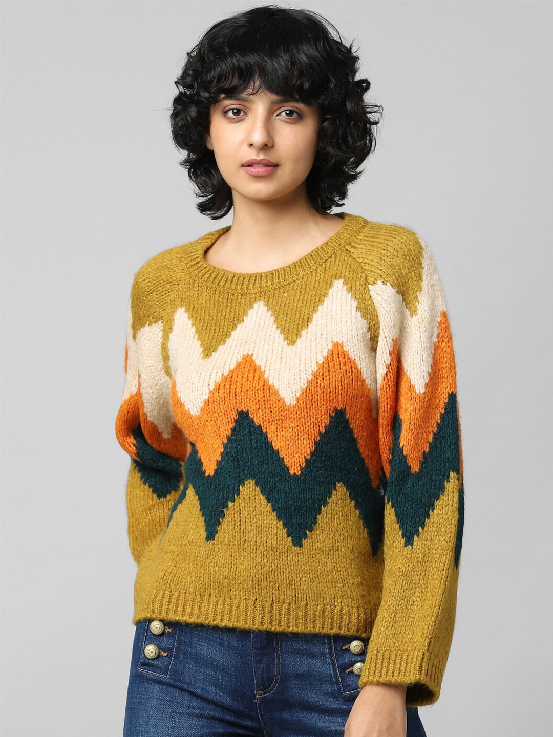 

ONLY Women Green & Orange JDYDINEA L S RAGLAN J Colourblocked Pullover
