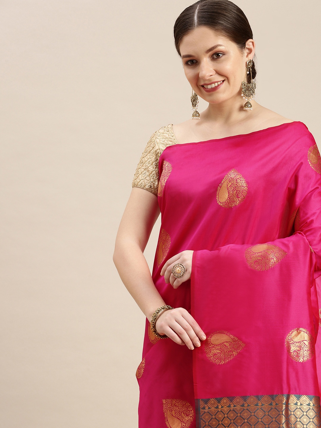 

MARGI DESIGNERS Ethnic Motifs Zari Saree, Pink