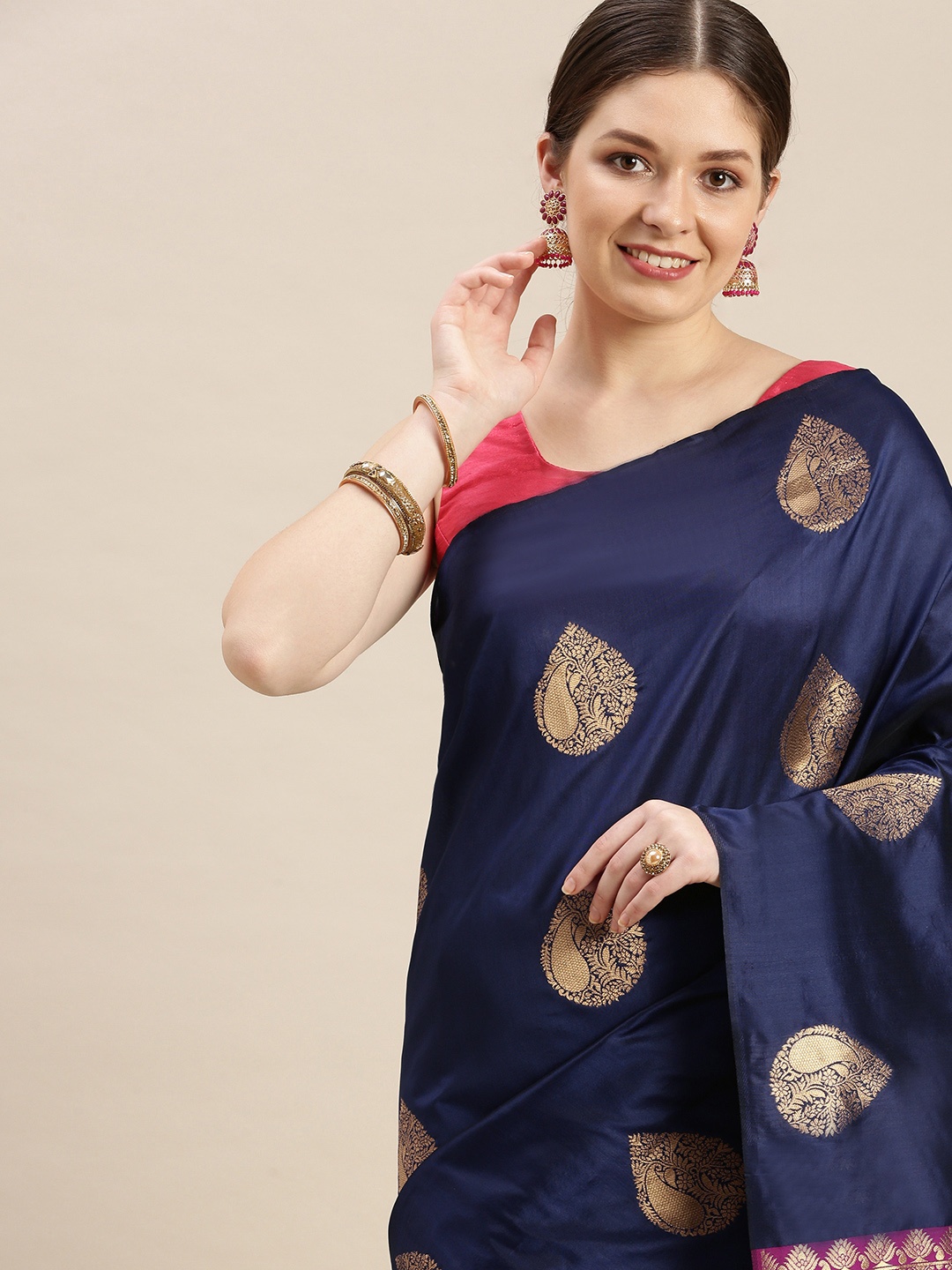 

MARGI DESIGNERS Ethnic Motifs Zari Saree, Navy blue