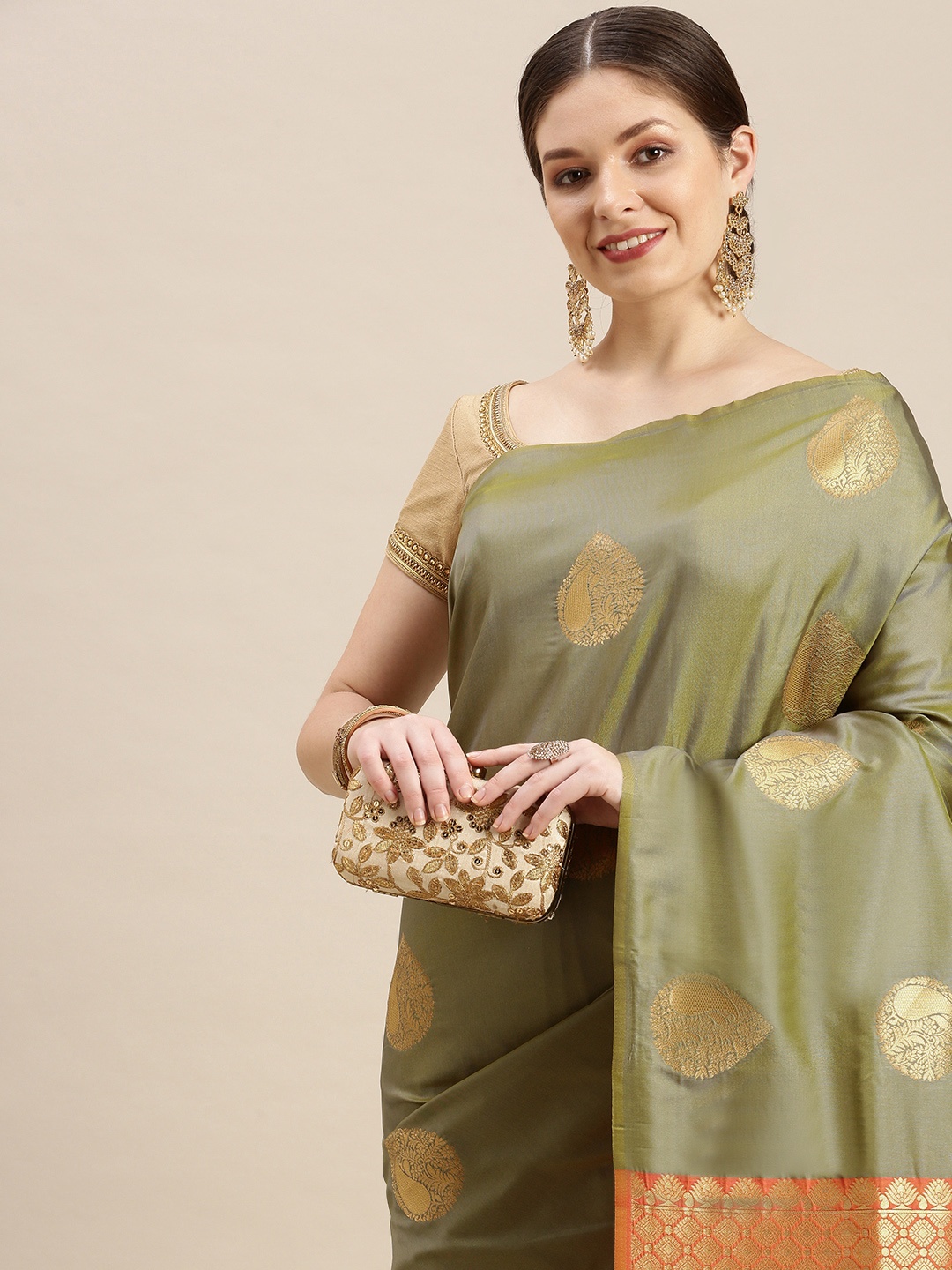 

MARGI DESIGNERS Ethnic Motifs Zari Saree, Olive