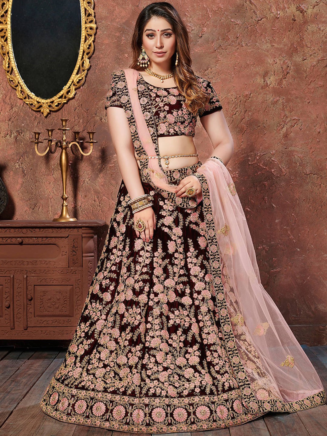 

FABPIXEL Maroon & Pink Embroidered Bridal Lehenga Choli Set With Dupatta