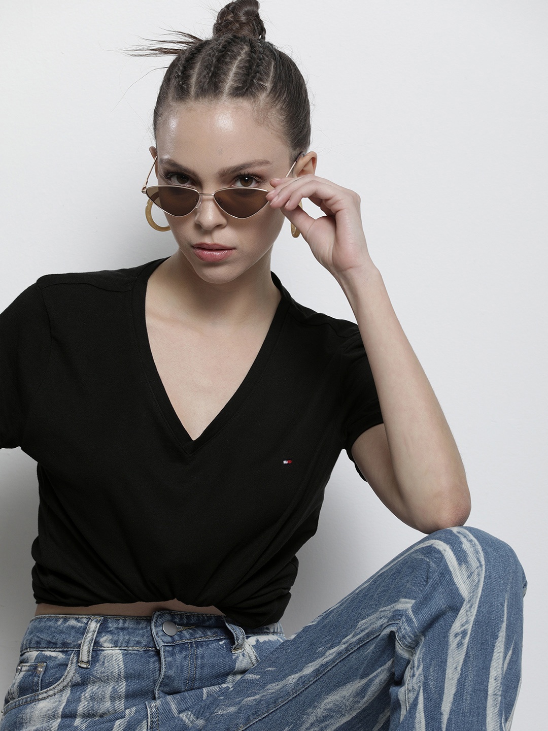 

Tommy Hilfiger Women Black V-Neck Pure Cotton T-shirt