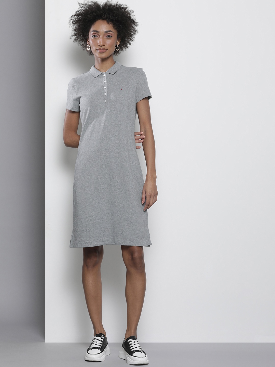 

Tommy Hilfiger Women Grey Solid Polo Collar T-shirt Dress