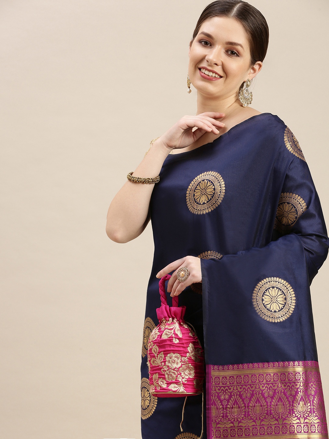 

MARGI DESIGNERS Woven Design Zari Banarasi Saree, Navy blue