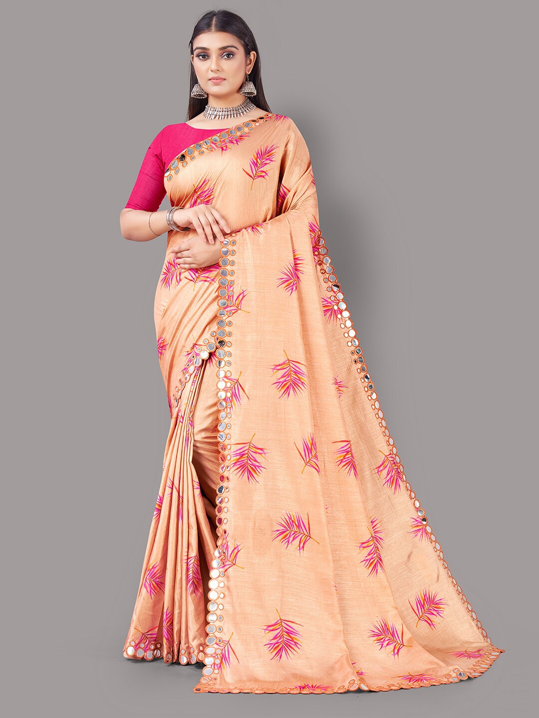 

HRITIKA Cream-Coloured & Pink Floral Mirror Work Mysore Silk Saree