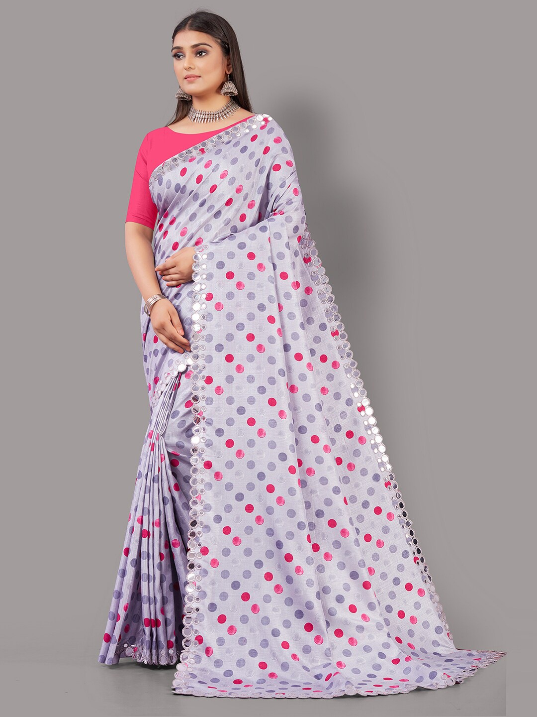 

HRITIKA Grey & Pink Mirror Work Mysore Silk Saree
