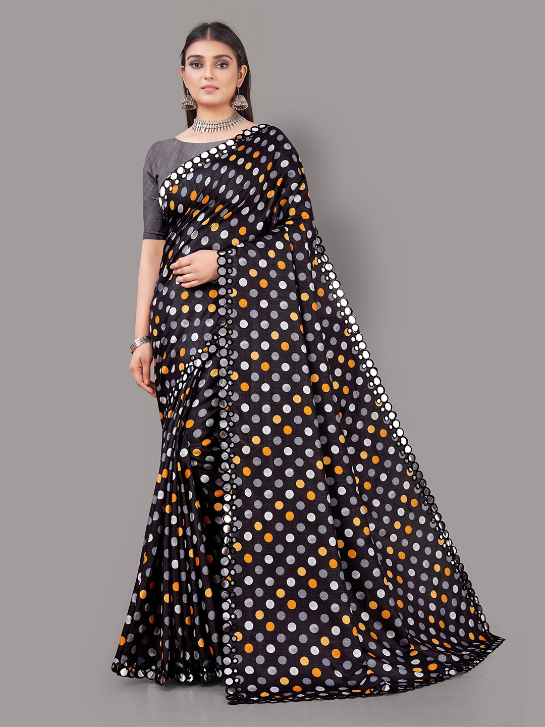 

HRITIKA Black & Grey Mirror Work Mysore Silk Saree