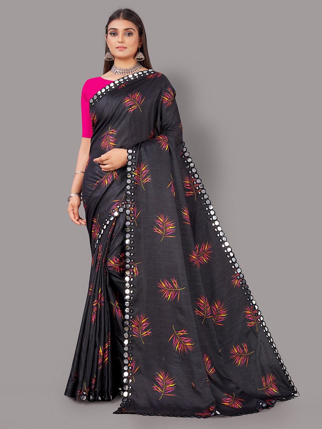 

HRITIKA Black & Pink Floral Mirror Work Mysore Silk Saree