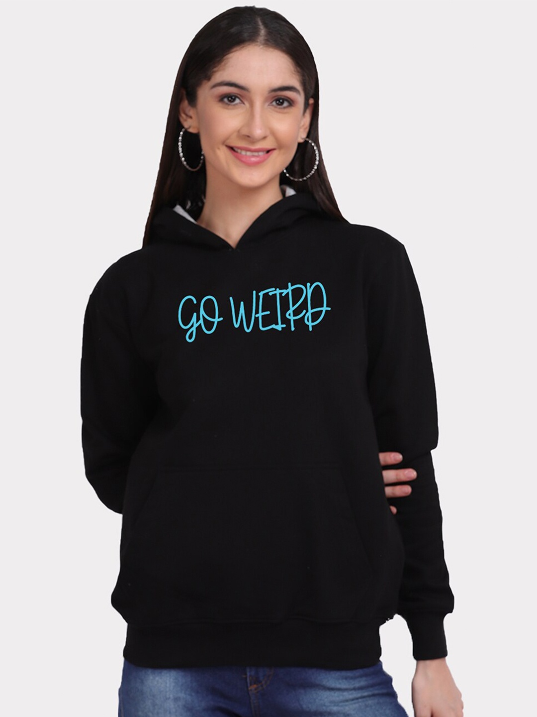 

Mad Over Print Women Black Go Weird Typography Print Hooded Sweatshirt